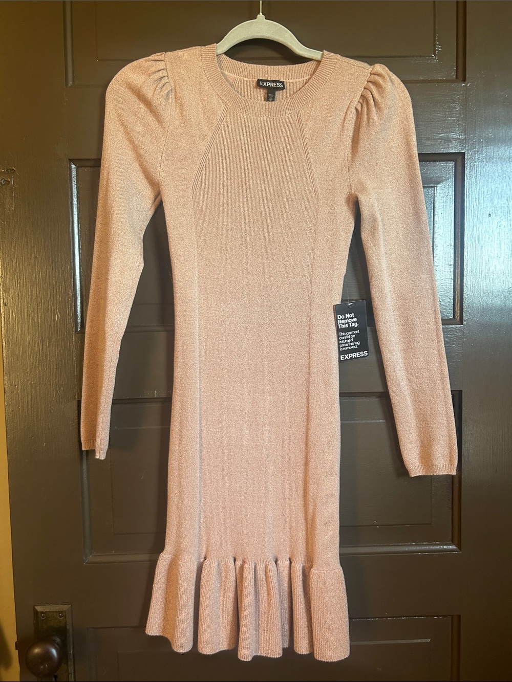 Express Long-Sleeve Puff Shoulder Knit Dress in Blush; XS NWT